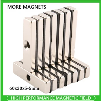 1~15BUC 60x20x5-5mm Puternic Foaie de pământuri Rare Magnet 60mm x 20mm x 5 mm cu gauri de 5mm Bloc Dreptunghiular Magneți 60*20*5-5mm