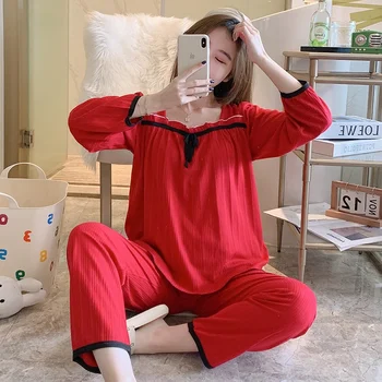 2022 Primavara Toamna cu Maneca Lunga din Bumbac Pijama Seturi pentru Femei coreene Pijamale Drăguț Costum de Pijama Homewear Pijama Mujer Haine de Acasă