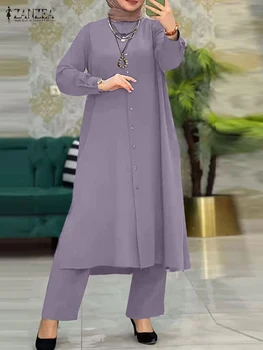 2022 ZANZEA Moda Musulmană Set Solid Islamic se Potriveste O-Gat Maneci Largi Picior Pantaloni Femei Trening de Vacanță Vrac Costum de Epocă