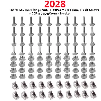 20Set 2028 Profil de Aluminiu Conector Set: 40Pcs M5 Hexagonală cu Flanșă Nuci + 20buc 2028 Colț Suport + 40Pcs M5 x 12mm T Șurub Șuruburi