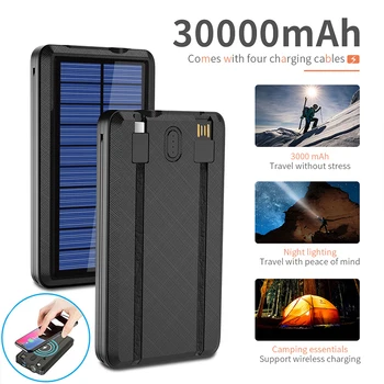 30000mAh Wireless Solar Power Bank Construit în Cablu Încărcător Portabil Powerbank pentru iPhone 13 X Samsung Xiaomi Poverbank cu Lumina