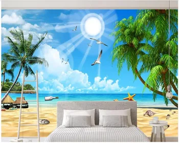 Cameră 3d tapet personalizat foto de cer Albastru nori albi plaja de nucă de cocos copaci, peisaj natural, peisaj 3d picturi murale tapet