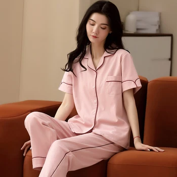 Cele mai noi Vara Tricotate din Bumbac pentru Femei Pijamale Solid Doamnelor Sleepwear Maneca Scurta Guler de Turn-down Cardigan Femei îmbrăcăminte de noapte