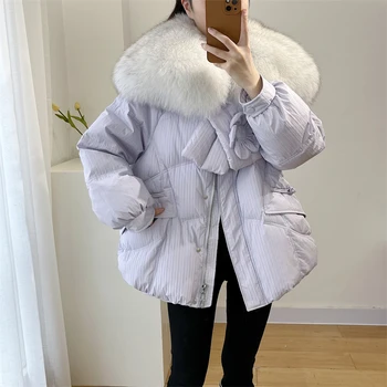Coreeană streetwear Impermeabil de Iarna Femei Lunga Puffer Jacheta real blană de vulpe Blană cu Glugă Rață Jos Haina