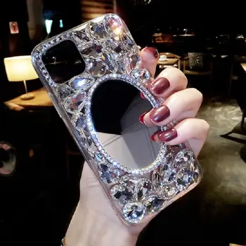 De lux Oglindă de Machiaj pentru Femei Bijuterie Cristal Transparent Telefon CaseFor iphone 13 12 11 7 8 plus mini x xs xr pro max Acoperire Coajă
