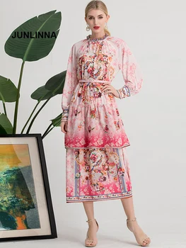 Designer de moda Rochie de Toamna Femei Lantern Maneca talie Mare Floare de imprimare Vacanta Lunga Rochie Eleganta 2021