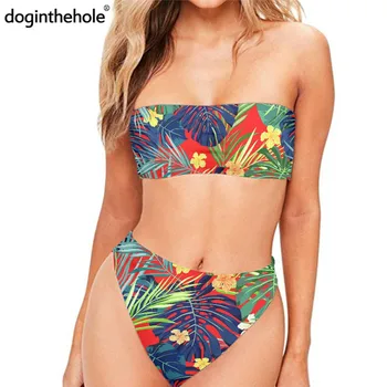 Doginthehole Femei Beachwear Feminin Sexy Bikini Colorate Tropicale Cu Frunze De Costume De Baie Hawaii Costume De Baie Bandeau Maillot De Bain