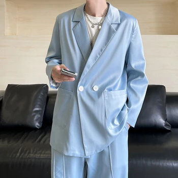 Dublu Rânduri Albastru Supradimensionat Costume Barbati Elegante De Moda De Îmbrăcăminte Modernă Negru Coreea De Stilul Streetwear Liber De Mari Dimensiuni