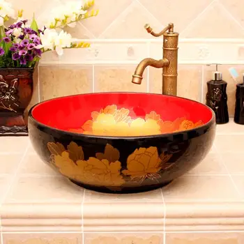 Europa Stil Counter Top portelan chiuveta bujor model rosu cu negru din ceramică lavoar chiuveta baie