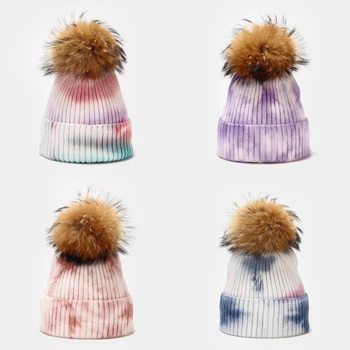 Femei Iarna Cald cu Nervuri Knit Beanie Pălărie cu Detasabila Pufos Pompom Gradient Tie-Dye Harajuku Windproof Cap de Craniu
