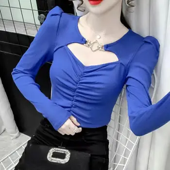 Femei Primavara Toamna Stil Bluze Tricou Femei Tricotat cu Maneca Lunga Culoare Solidă O-Gât-coreean Tricou Casual Topuri DD6648