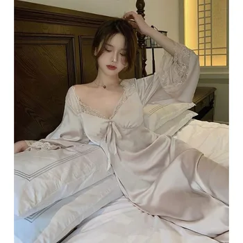Franceză Stil Retro Cămăși De Noapte De Dormit Rochie Sexy VNeck Dantelă Papion Printesa Lung Pijamale Zână Dulce Femeile Elegante, Îmbrăcăminte De Noapte