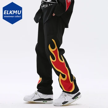 Harajuku Hip Hop Blugi Tipărite Foc Largi Pantaloni din Denim Bărbați Streetwear Casual Straight Blugi Largi Y2K