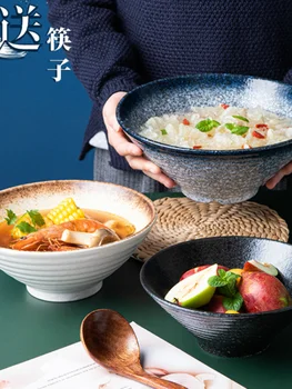 Japoneze ceramice castron de tăiței de uz casnic de bambus castron mare de supă de orez retro castron cu tacamuri set