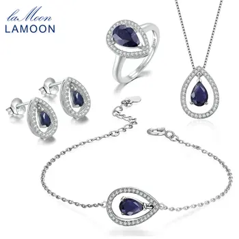 LAMOON Sapphire Set Bijuterii pentru Femei Picătură de Apă 100% Reale Piatră prețioasă Naturale 925 sterling silver-bijuterii Inel Cercel V040-1