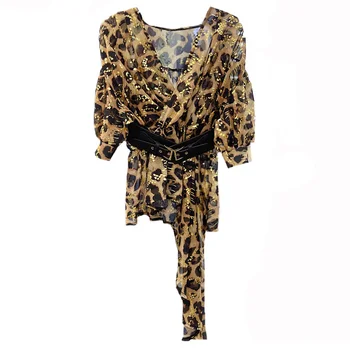Leopard Femei Șifon Bluza De Vara Sexy Asimetric Jumătate Cu Mâneci Subțire Centura De Sex Feminin Trage De Calitate Superioară