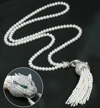 Naturale de apă dulce pearl Pulover Lung Colier Leopardul de Argint 925 Ciucuri Bine Elegante bijuterii Piatra Cadou