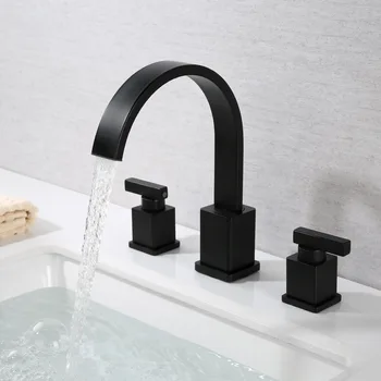 Negru alamă solidă baie chiuveta de robinet rece, mixer de apa fierbinte de robinet cu trei găuri două mânere cu picurator