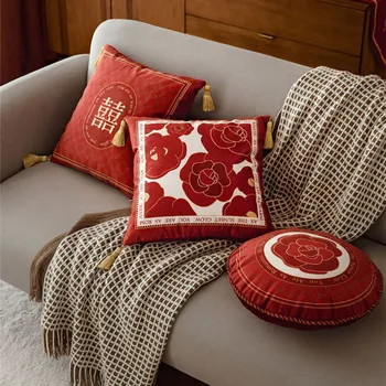 Pernă Acoperă Camellia Decorative Pătrat de Pernă pentru Casa Dormitor, Camera de zi față de Pernă de Lux Lumina Ciucure Roșu