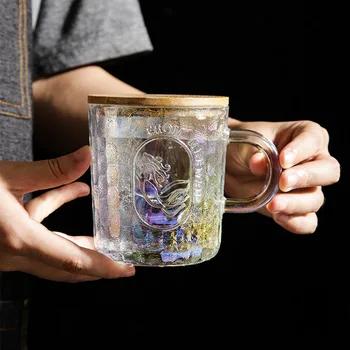 Relief Cupa Nordic Stil Retro Sirena Ceașcă de Sticlă cu Mâner Brandy Snifter Vin, Cafea, Lapte, fulgi de Ovăz mic Dejun Goldline Cupa