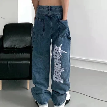 Retro Buzunare Scrisoare Broderie Rupt Blugi Casual Bărbați și Femei Drept Harajuku Supradimensionat Streetwear Pantaloni din Denim