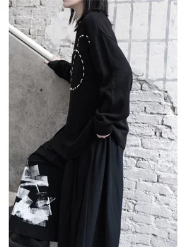 Split Femei De Moda Tricotate Pulover Zeita Fan Stil Casual 2023 Negru Complet Maneca Pulover Cu Broderie