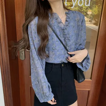 Toamna Femei Șifon Bluza Stil Coreean Culoare Solidă Maneca Lunga Elegante Lady Imprimare Bluze Topuri