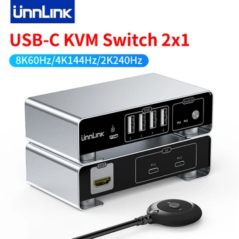 Unnlink C USB KVM Switch 2x1 8K60Hz 4K144Hz 2K240Hz Tip C Thunderbolt 4 Video KVM Switcher cu Controller pentru Laptop Macbook