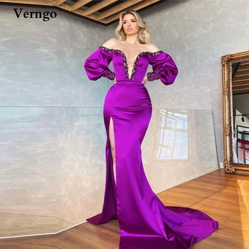 Verngo Satin Elegant Sirena Rochii de Seară Strălucitoare Margele Puf Lung Mâneci Fantă Laterală Rochii de Bal Dubai Femei vestidos de noche